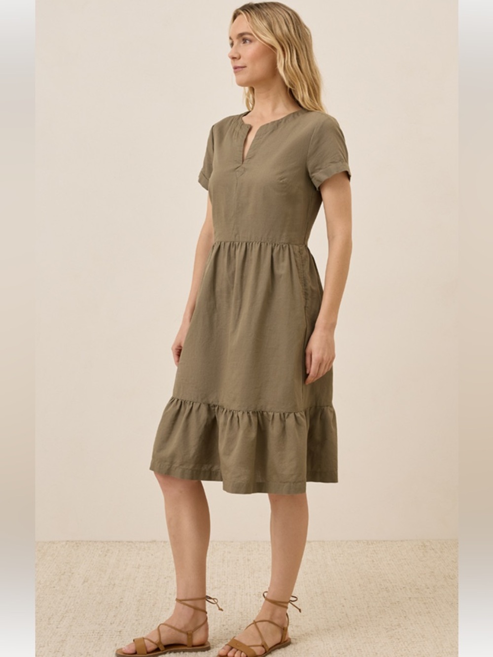 PACT Canopy Linen Blend Women’s Olive Green Short-Sleeve Tiered Dress SZ M